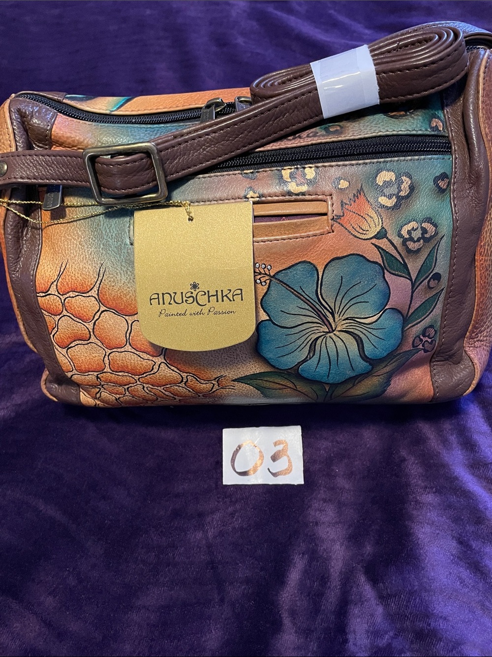 Anuschka Painted Floral Crossbody Bag in Blue, Teal, Tan and Brown